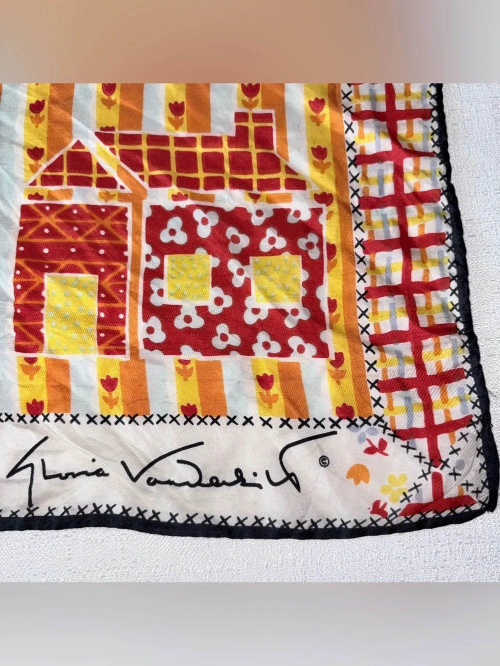 Vintage 80s Gloria Vanderbilt signature silk scarf Italy house cute cottages 25”